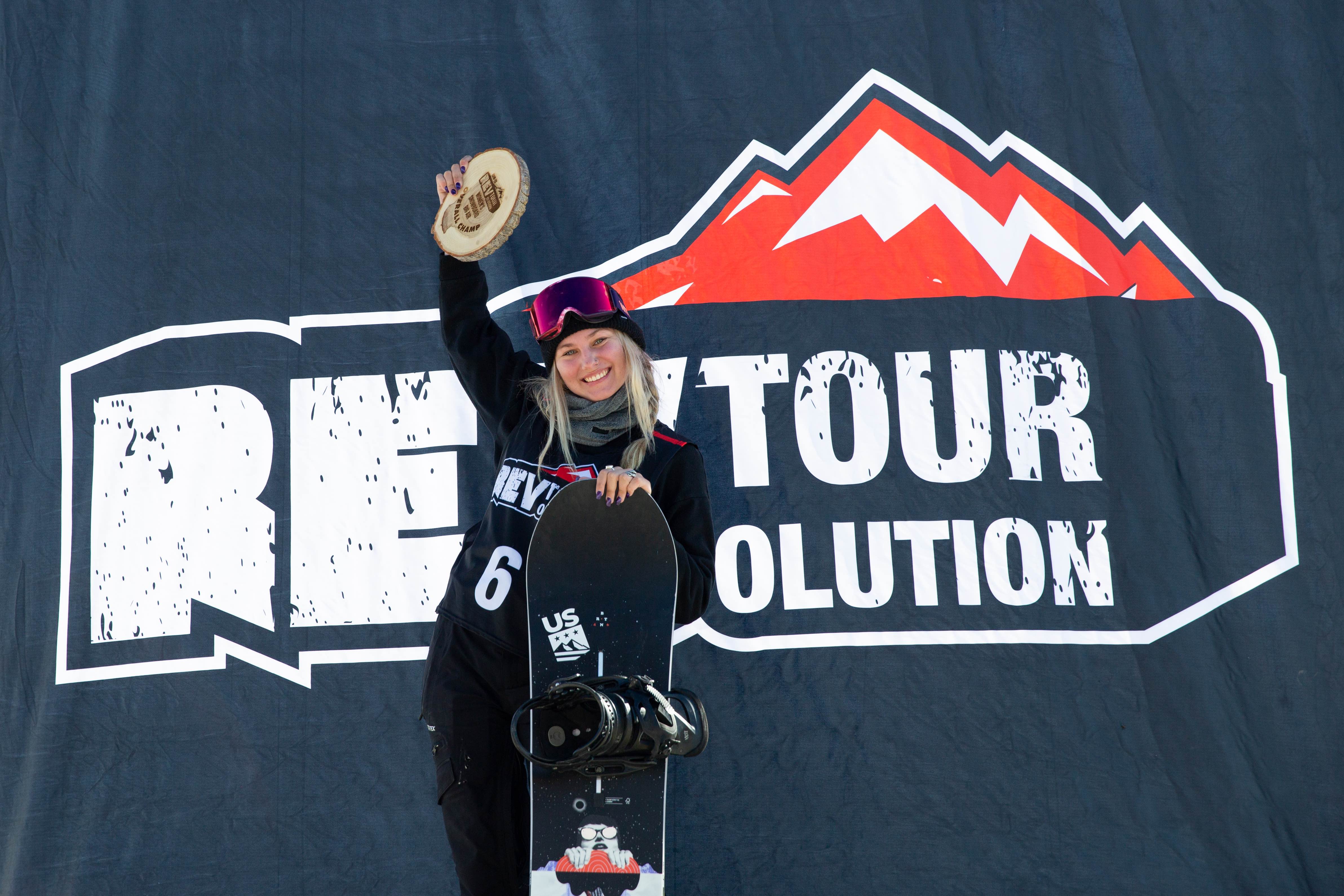 Courtney Rummel on the podium as the 2020 Rev Tour overall Big Air Championship. (U.S. Ski & Snowboard - Sarah Brunson) Courtney