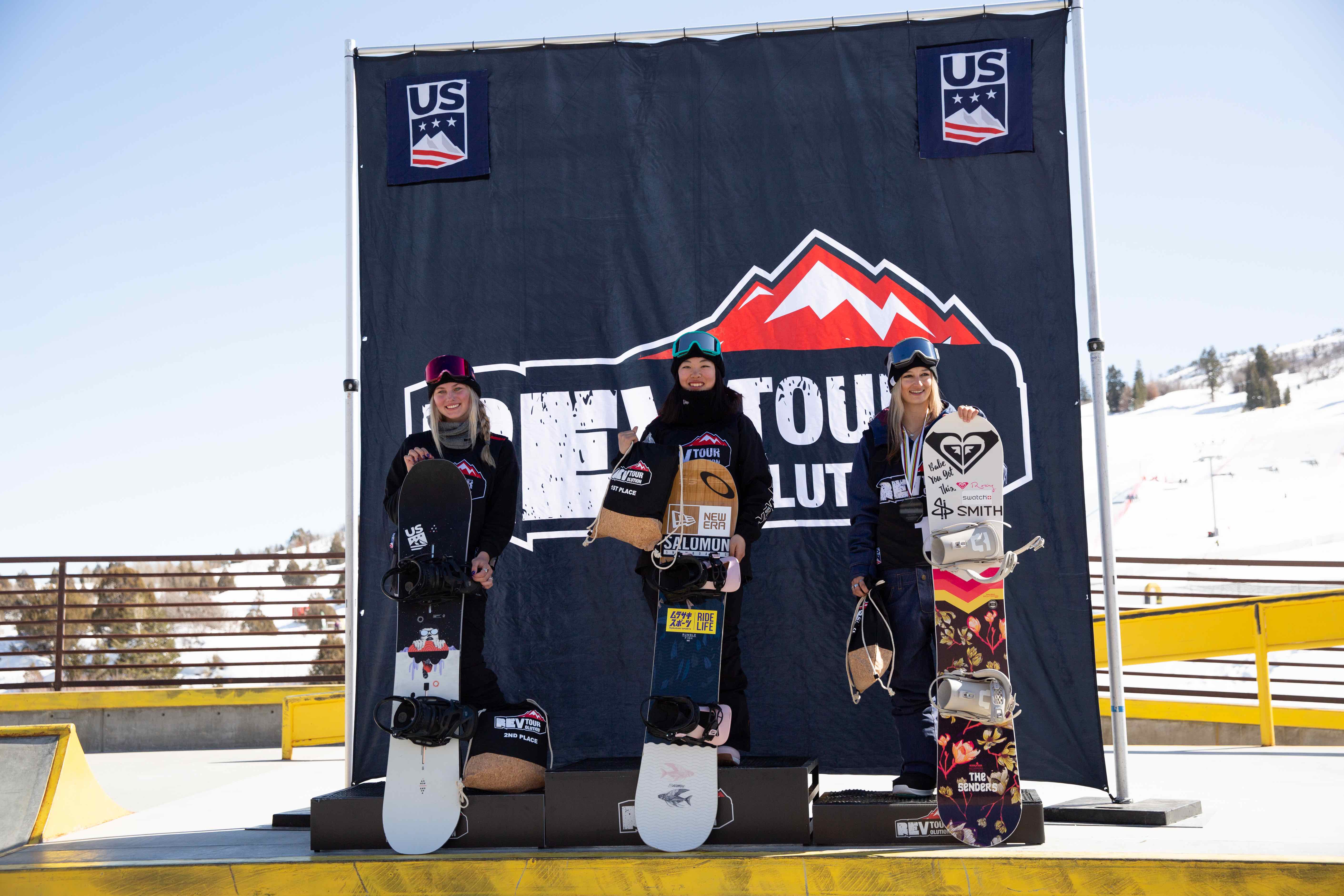 Courtney Rummel, Hinari Asanuma, Baily McDonald on the snowboard big air podium at the 2020 U.S. Rev Tour at Woodward Park City. (U.S. Ski & Snowboard - Sarah Brunson) Courtney