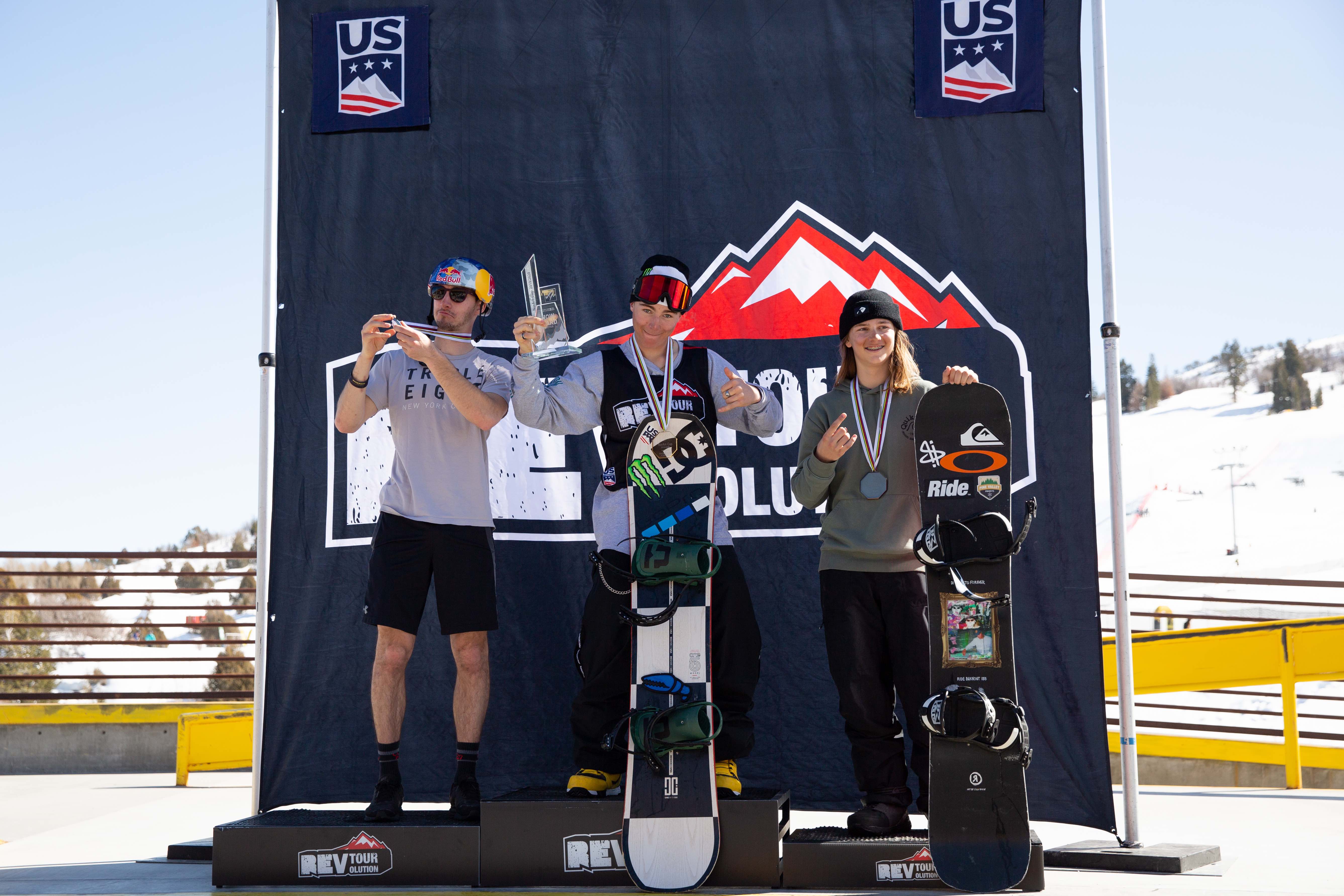 Dusty Henricksen (center) on the podium as the 2020 overall NorAm champion. (U.S. Ski & Snowboard - Sarah Brunson) Dusty