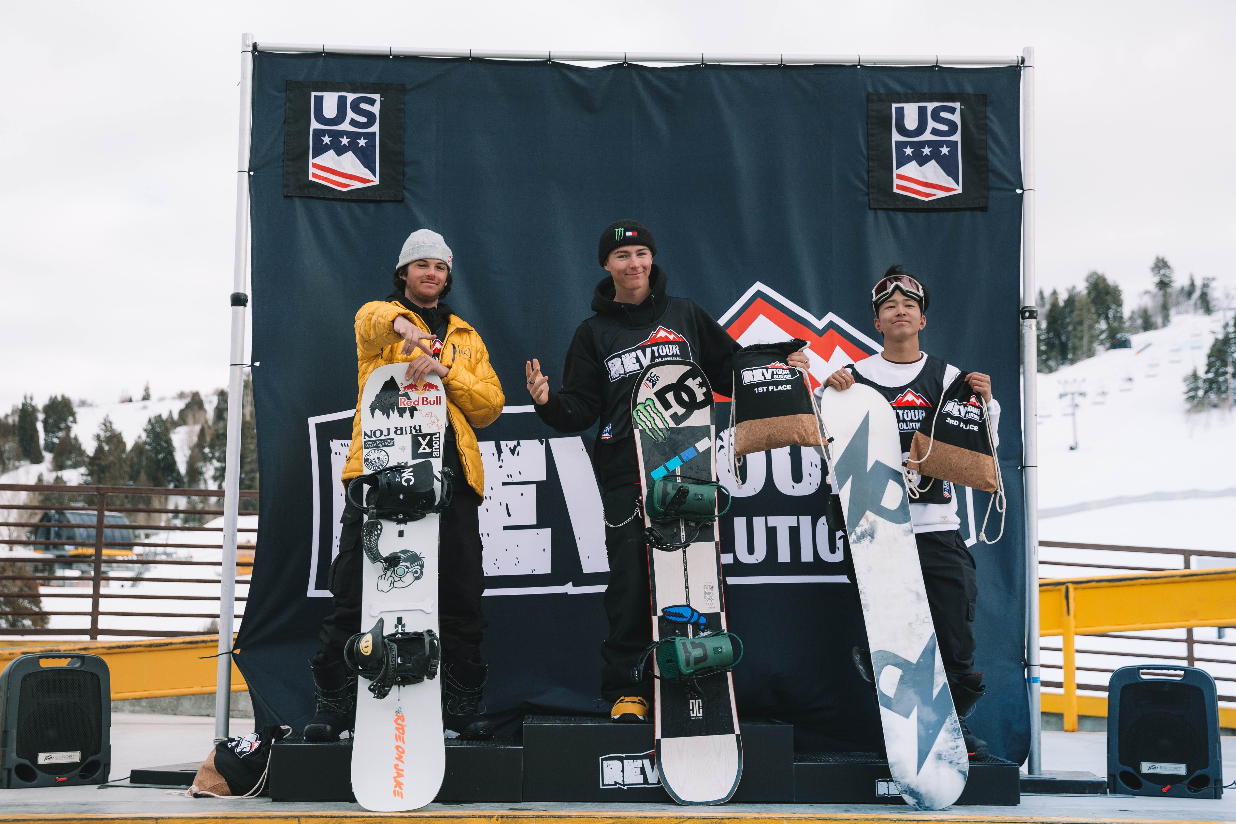 Luke Winkelmann, Dusty Henricksen, Aoto Kawakami on the snowboard slopestyle podium at the 2020 U.S. Rev Tour at Woodward Park City. (U.S. Ski & Snowboard - Sarah Brunson) dusty luke