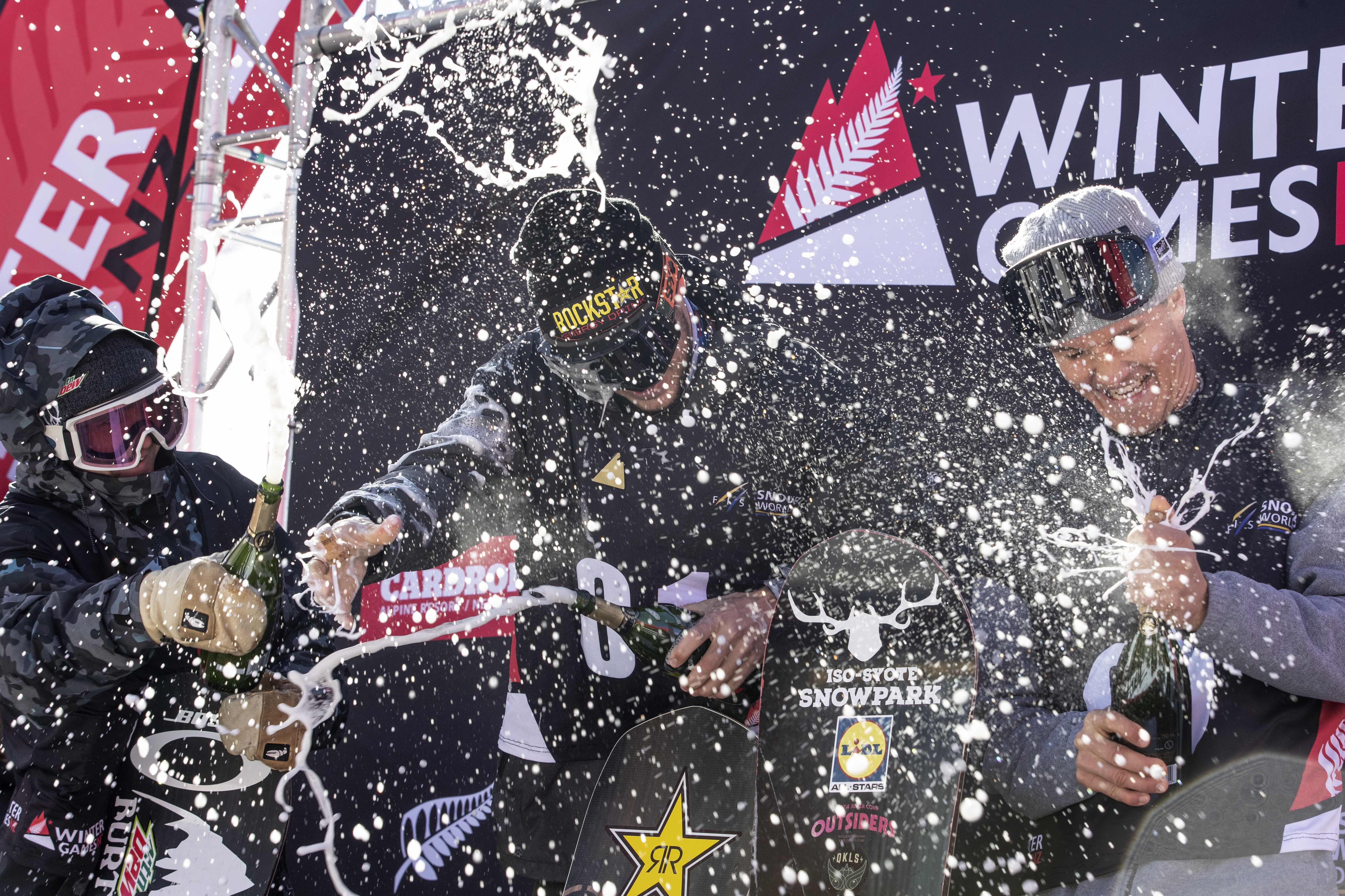 U.S. Snowboard Team riders Red Gerard and Chris Corning celebrating on the podium at the Winter Games NZ FIS Snowboard big air World Cup in Cardrona, New Zealand. (FIS Snowboard- Chad Buchholz) Chris NZ