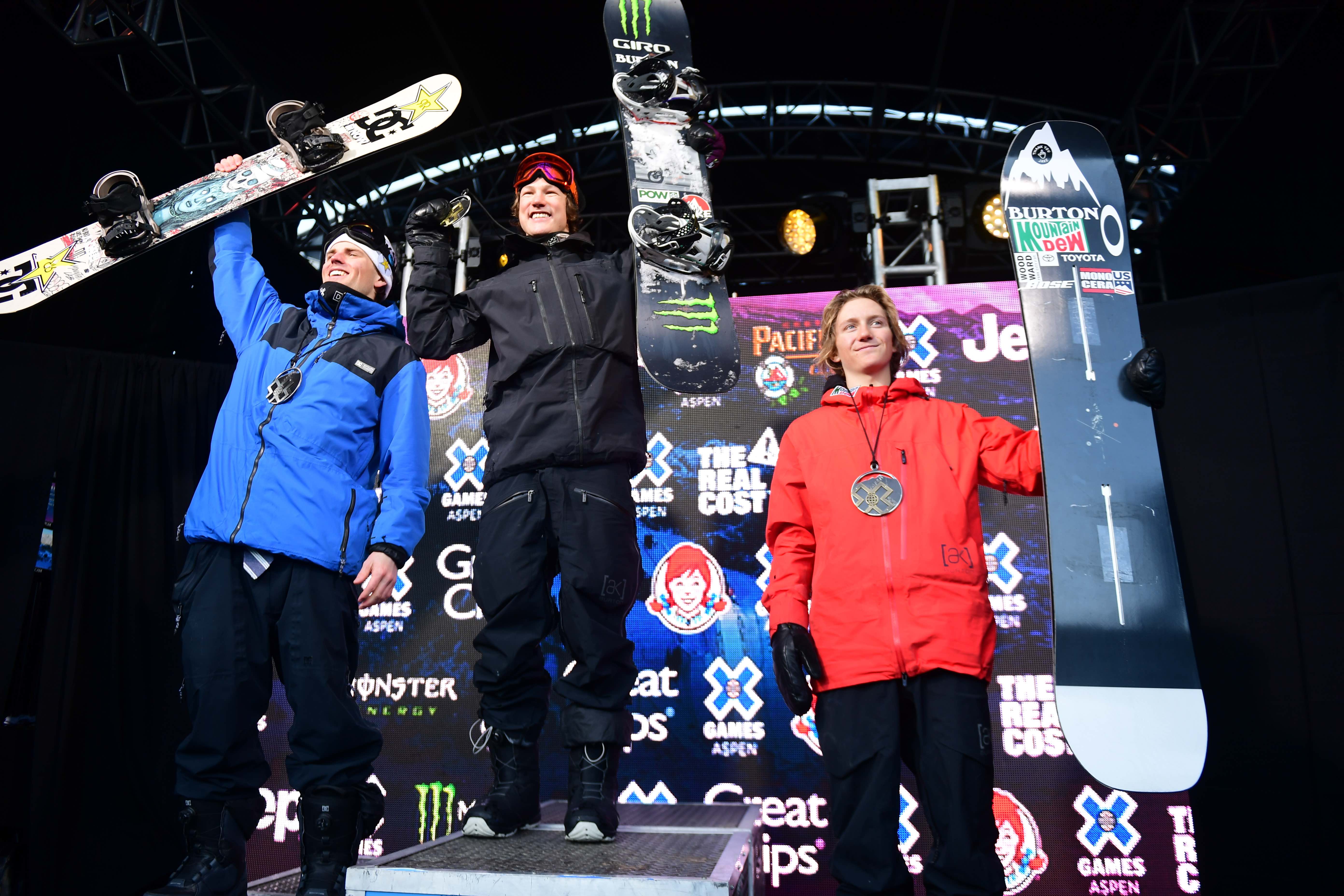 Mons Roisland (left), Darcy Sharpe (right), and Red Gerard at the medal ceremony for Jeep Men's Snowboard Slopestyle during X Games Aspen 2020 (ESPN Images - Eric Lars Bakke) Red