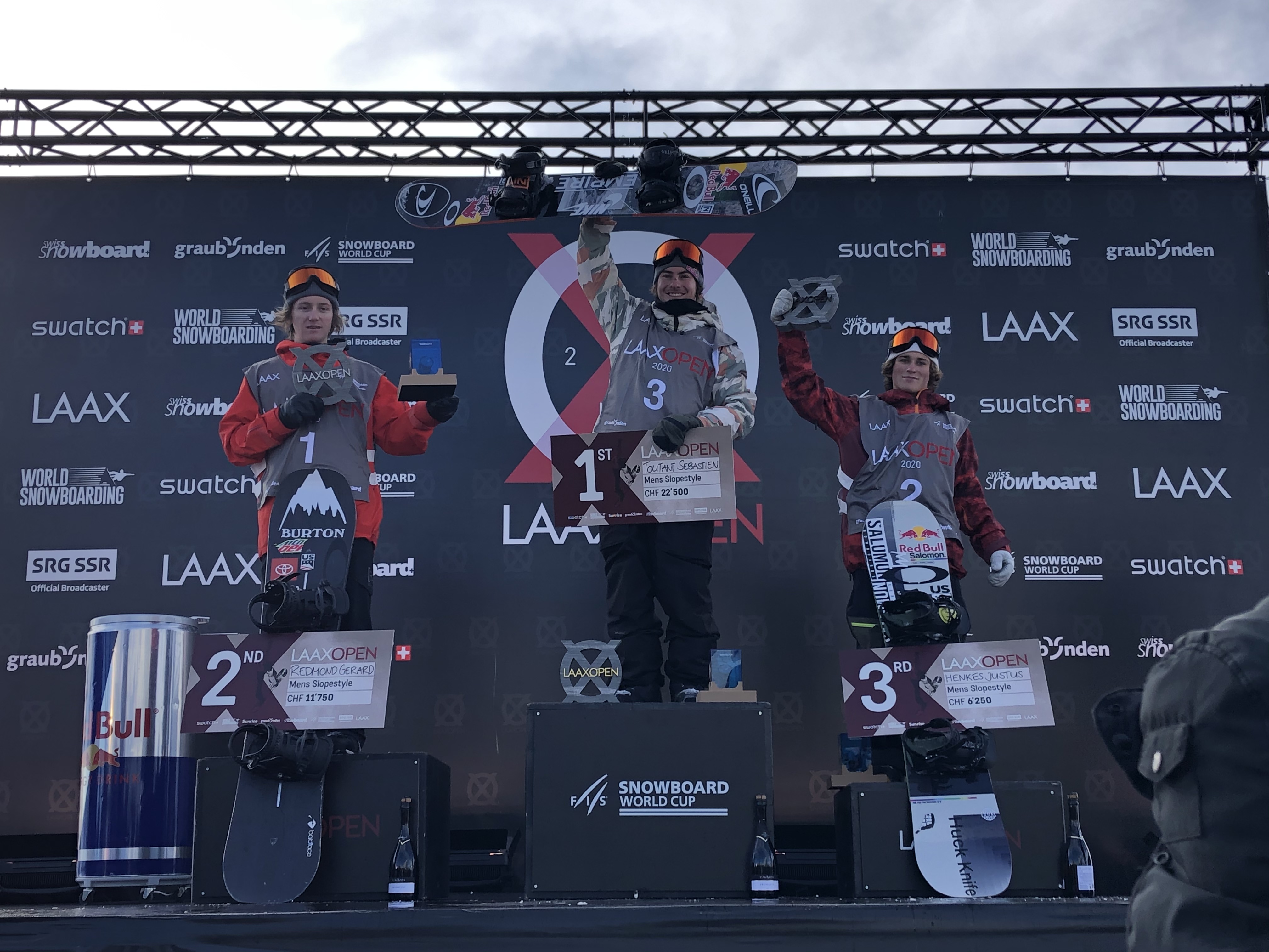 Red Gerard (left), Sebastian Toutant (center), and Judd Henkes (right) on the podium at the 2020 Laax Open slopestyle finals. (U.S. Ski & Snowboard - Dave Reynolds) REd laax