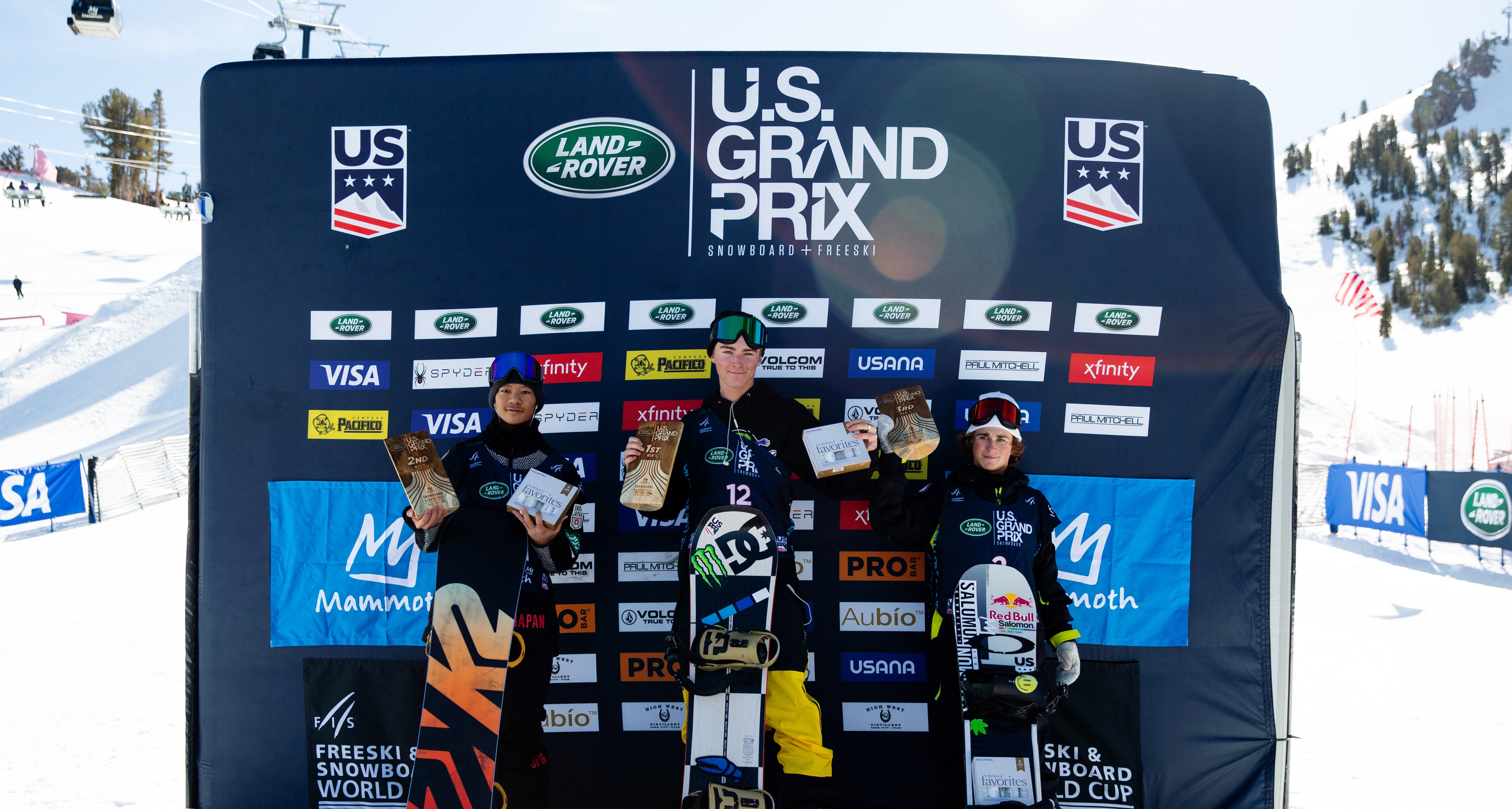 Dusty Henricksen (left), Yuki Kadono (center), and Red Gerard (right) on the 2020 U.S. Open slopestyle podium at Vail, Colo. (Burton U.S. Open - Peter Cirilli) Dusty Mammoth, Judd Henkes