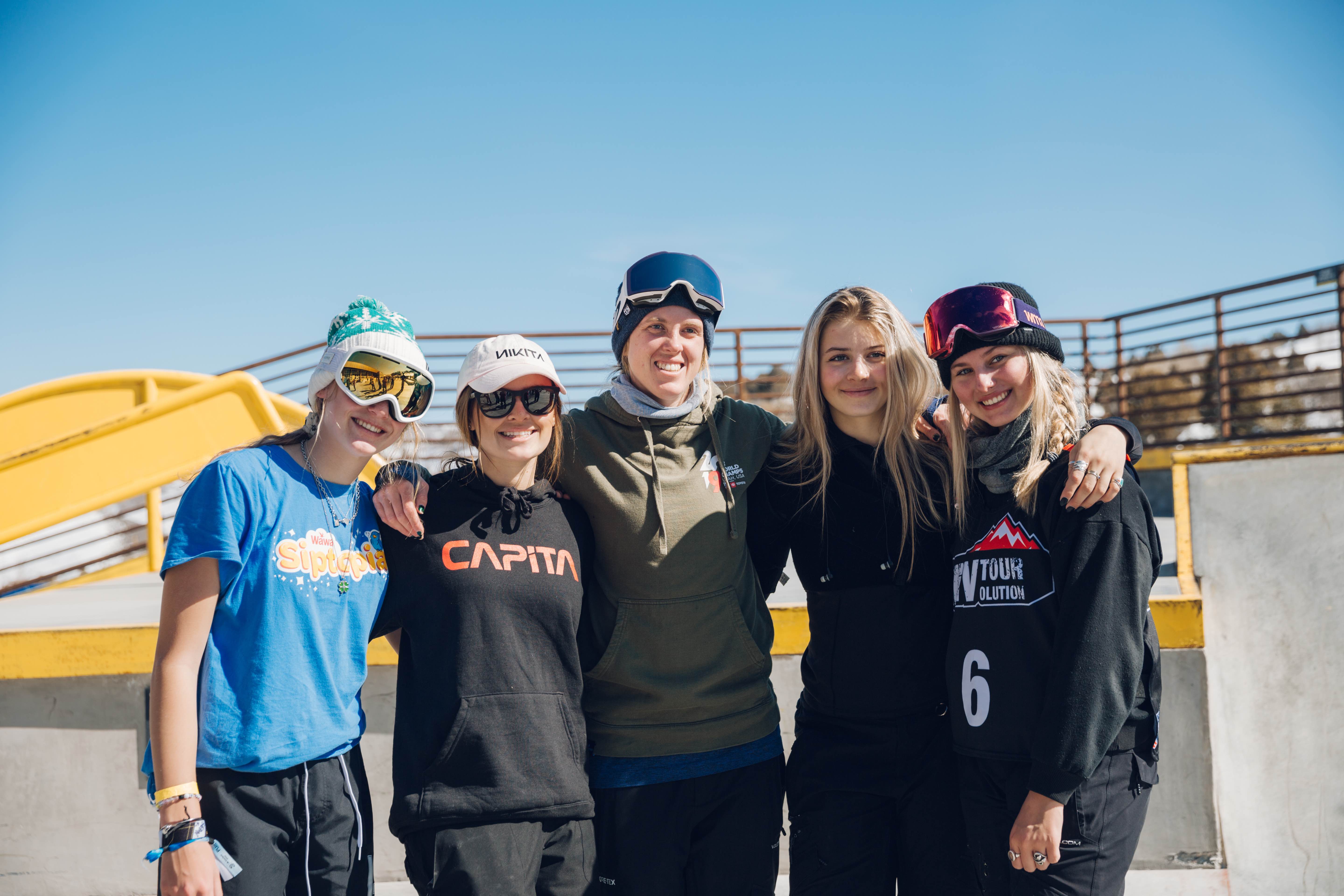 Addie Gardner, Ty Schnorrbusch, Nichole Mason, Jade Thurgood, and Courtney Rummel at the 2020 Woodward Park City Rev Tour. (U.S. Ski & Snowboard - Sarah Brunson) Team