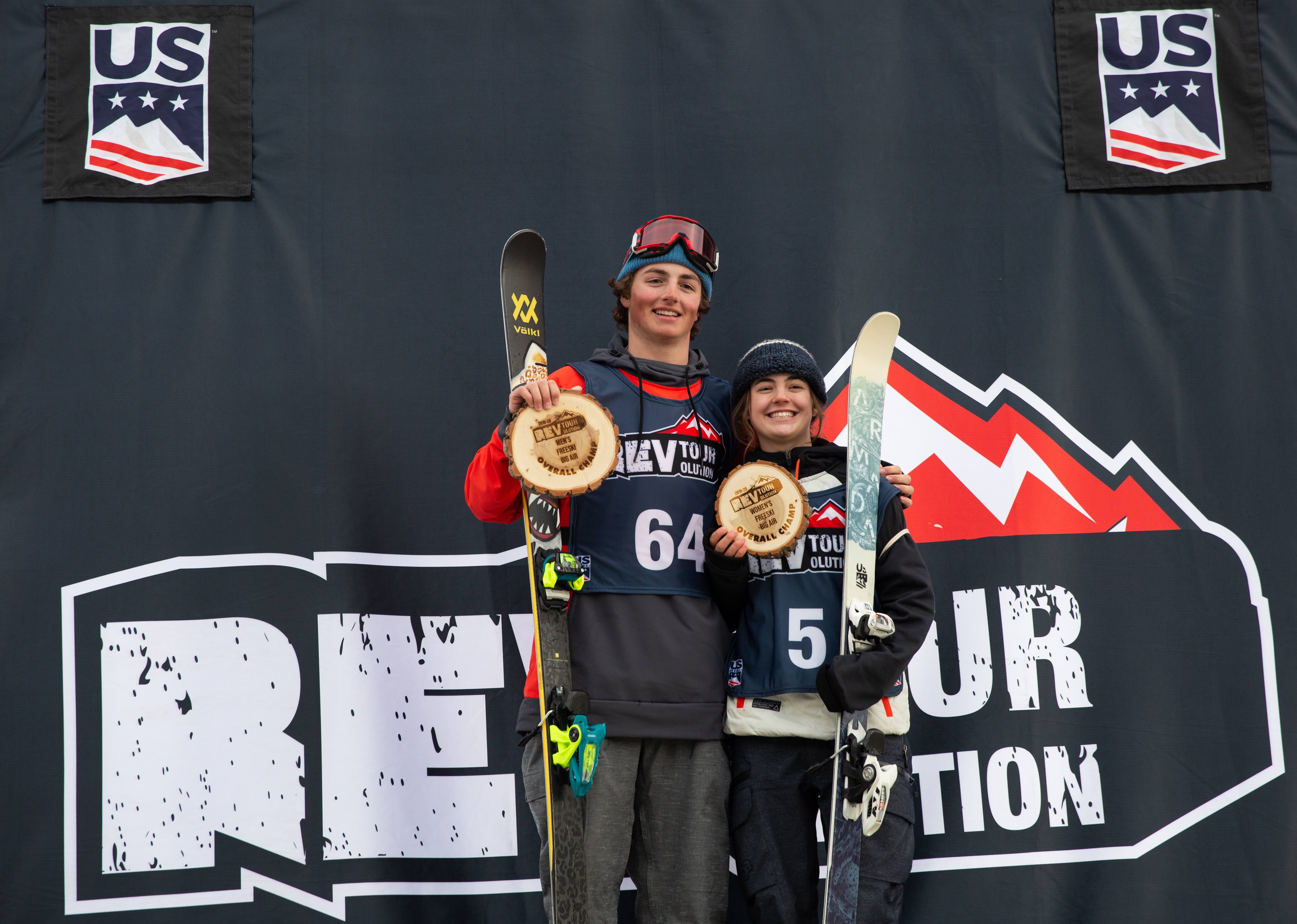 U.S. Freeski teammates Hunter Henderson and Rell Harwood on the podium as the 2020 Rev Tour Overall Champions. (U.S. Ski & Snowboard - Sarah Brunson) Overall champs