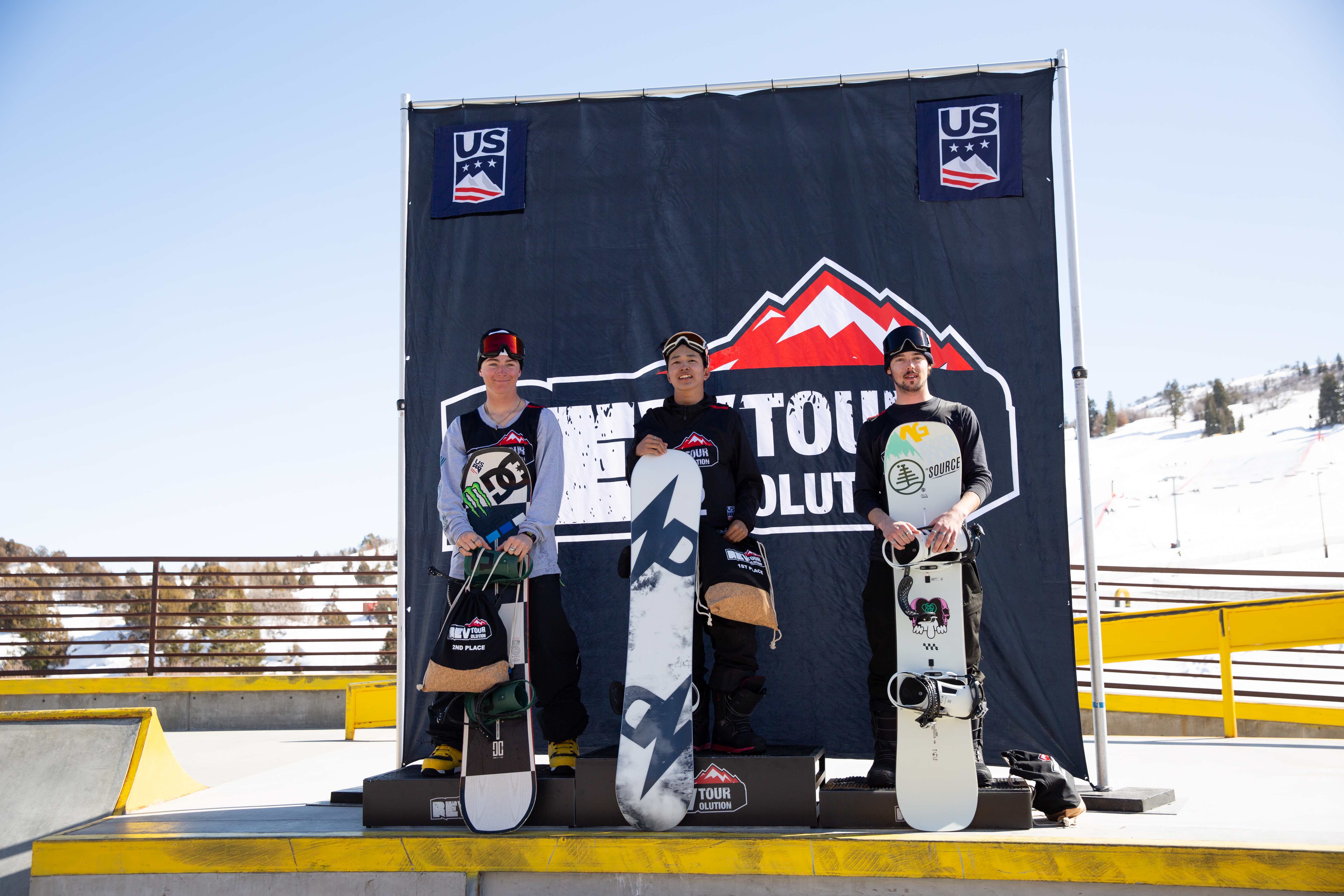 Dusty Henricksen (left), Aoto Kawakami (center), Carter Jarvis (right) on the snowboard big air podium at the 2020 U.S. Rev Tour at Woodward Park City. (U.S. Ski & Snowboard - Sarah Brunson) Dusty