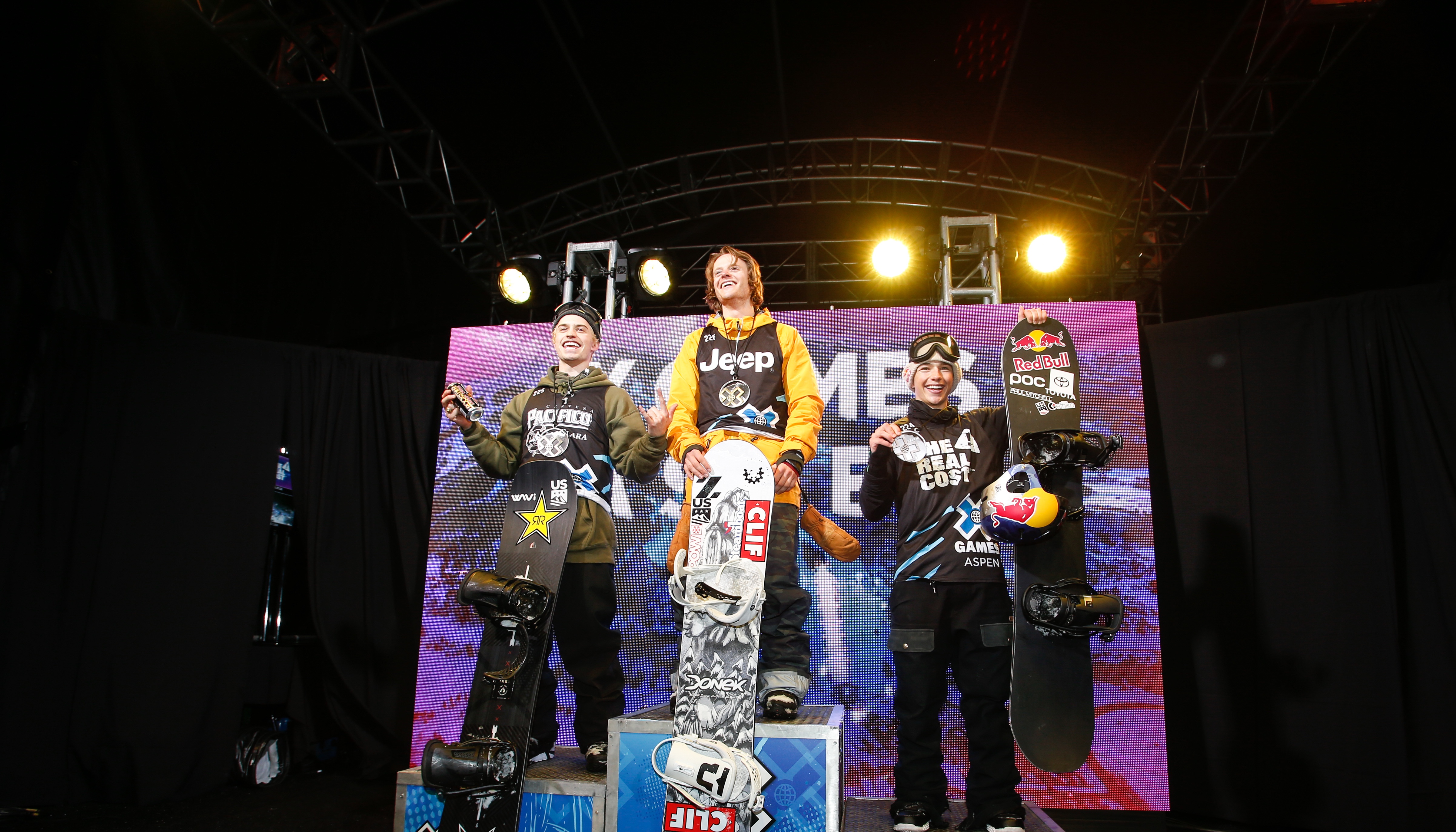 U.S. Snowboard Pro Team members Jake Pates (left), Taylor Gold (center), Toby Miller (right) at the medal ceremony for Snowboard SuperPipe Session during X Games Aspen 2020. (ESPN Images - Eddie Perlas) session