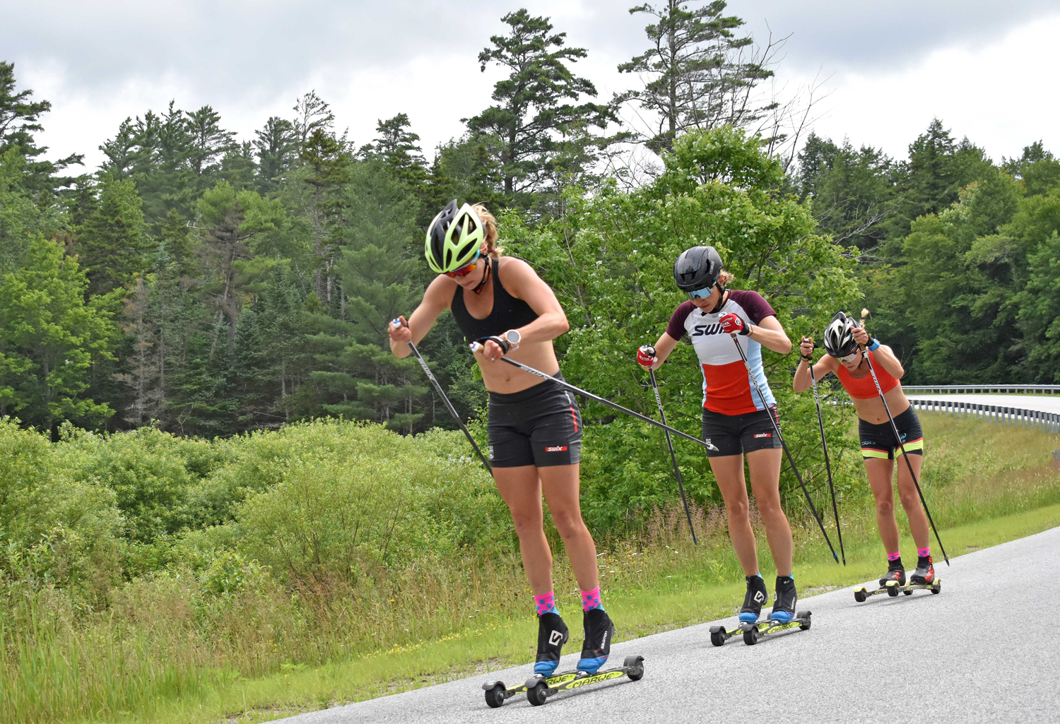 Jessie Diggins leads her Stratton Mountain School Elite Team teammates Sophie Caldwell Hamilton and Alayna Sonnesyn in classic sprint training.