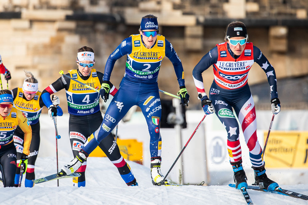Sophie Caldwell Hamilton leads the pack during Sunday's team sprint. (Modica/NordicFocus) Sophie