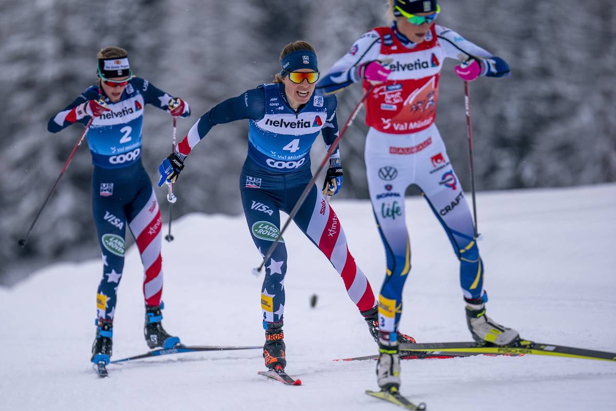 Sweden's Frida Karlsson leads Rosie Brennan and Jessie Diggins during Sunday's 10k pursuit. (Modica/NordicFocus)