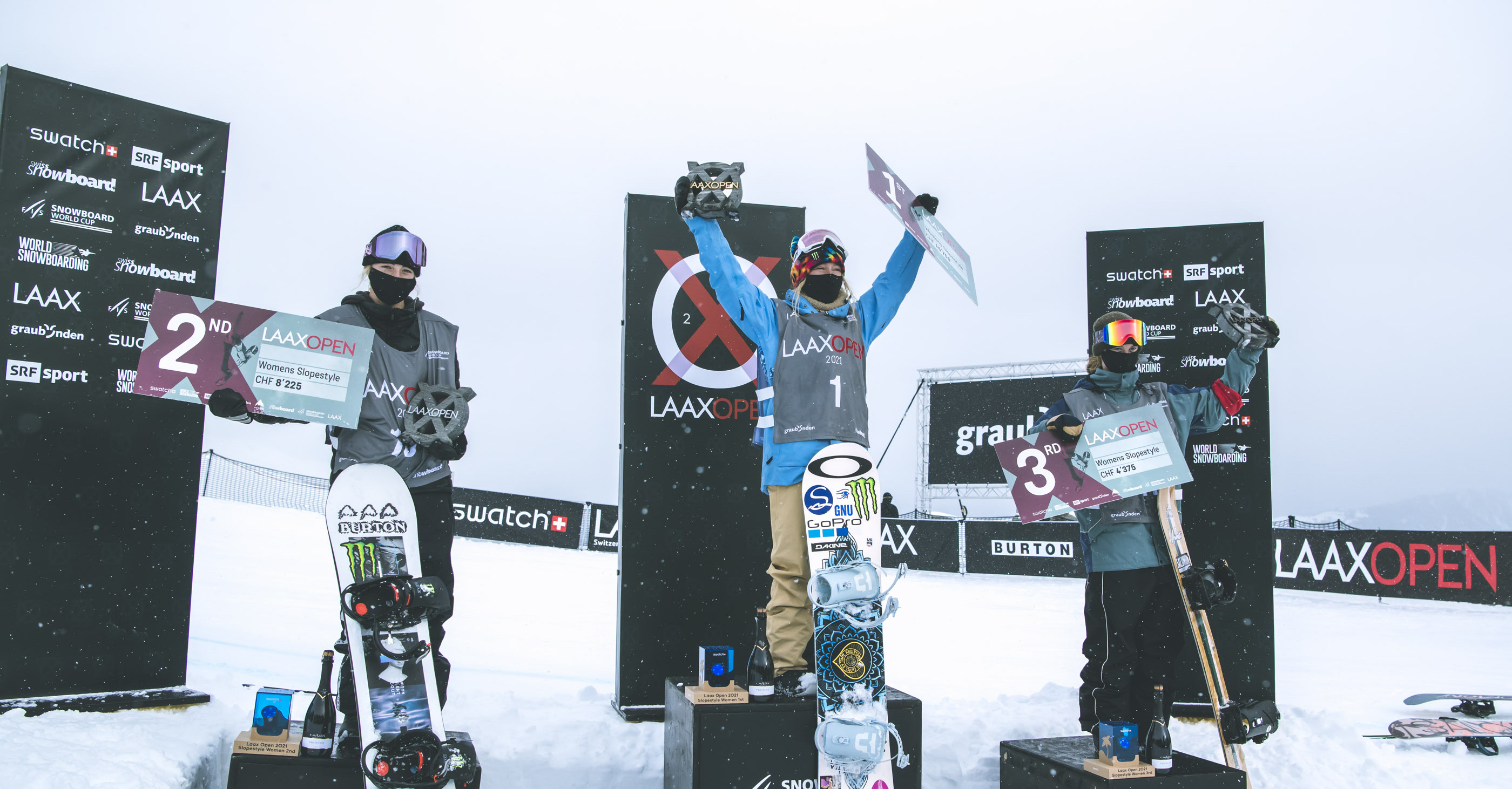 Jamie Anderson (center) on the podium after winning the 2021 Laax Open Slopestyle Finals. New Zealand's Zoi Sadowski Synnott (left) finished second and Australia's Tess Coady (right) finished third. (Laax Open - Stadler) Jamie