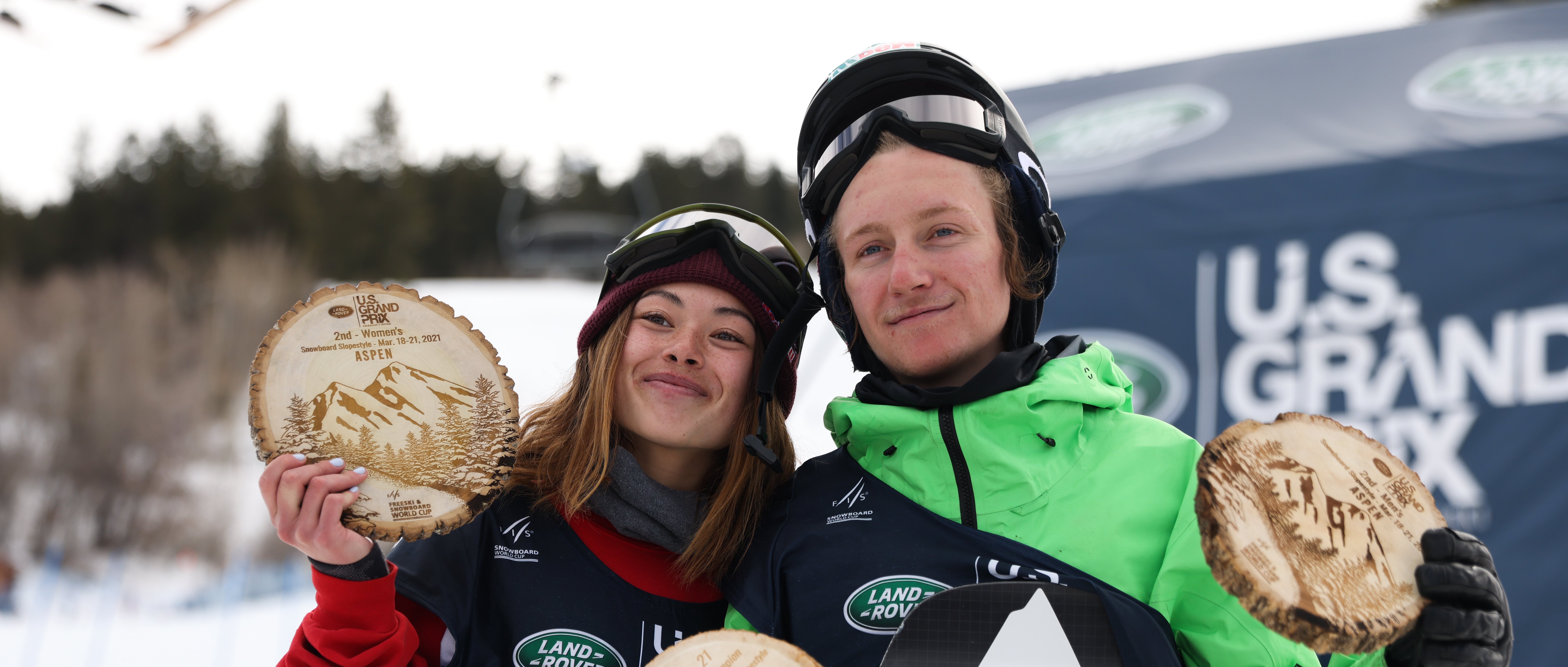 U.S. Snowboard Teammates Red Gerard and Hailey Langland following their second-place performance at the Land Rover U.S. Grand Prix slopestyle finals in Aspen, Colo. (U.S. Snowboard Team) Hailey and Red