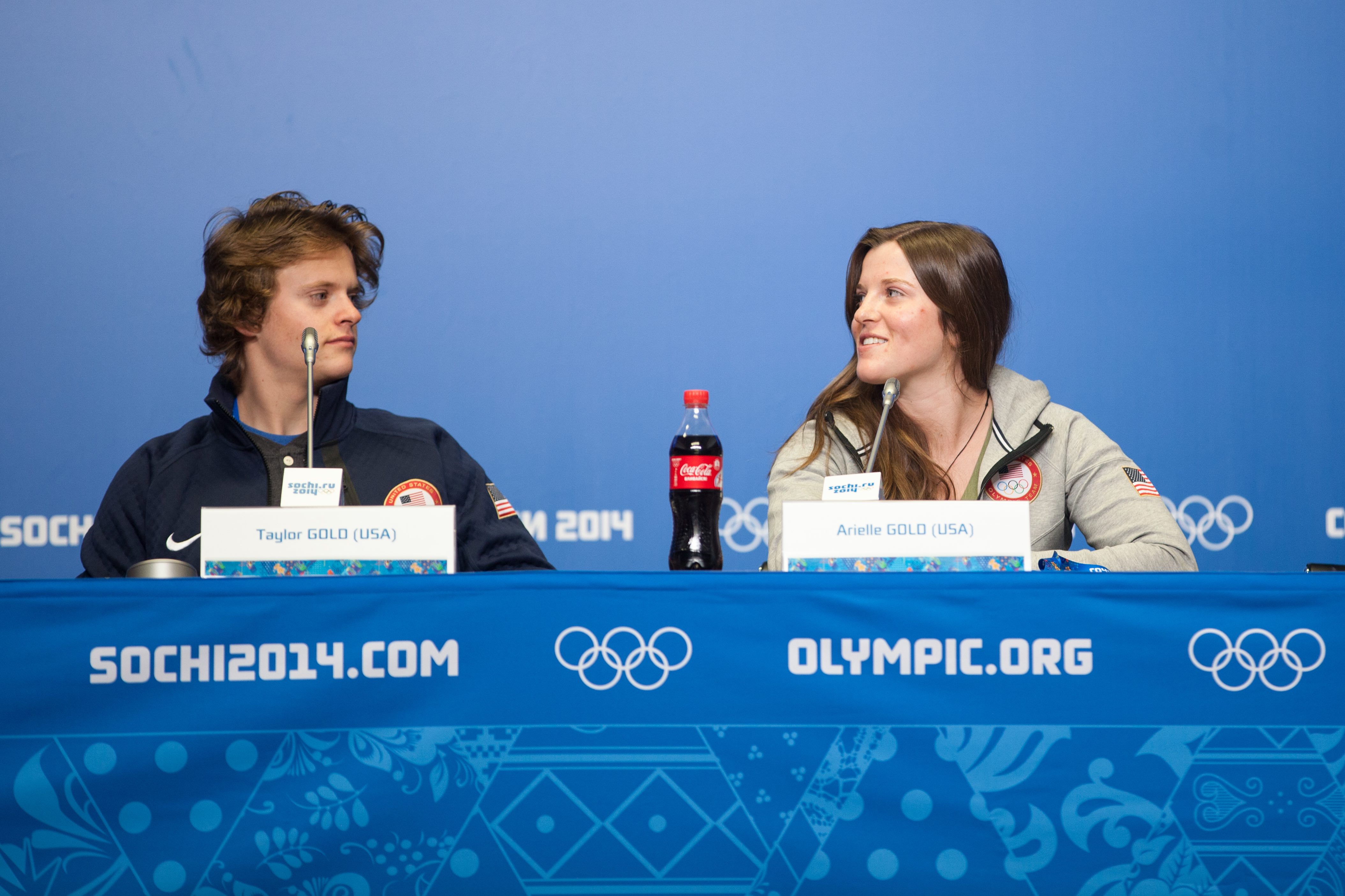 Siblings Taylor Gold and Arielle Gold at the 2014 Olympic Winter Games snowboard halfpipe press conference in Sochi, Russia. (U.S. Ski & Snowboard) Taylor and Arielle