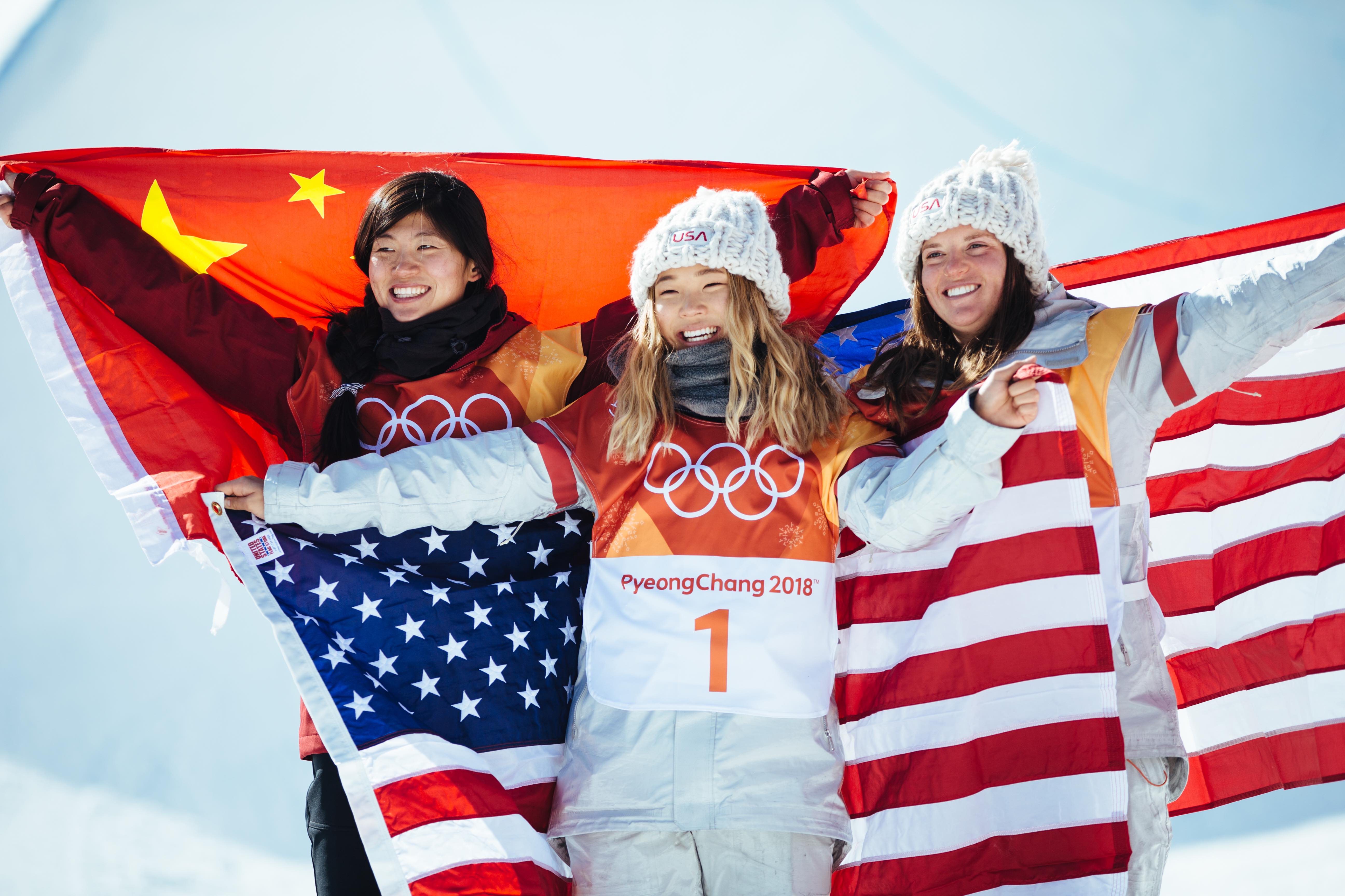 Chloe Kim and Arielle Gold celebrating after their medal performances at the 2018 PyeongChang Olympic Games. (U.S. Ski & Snowboard) Chloe and Arielle