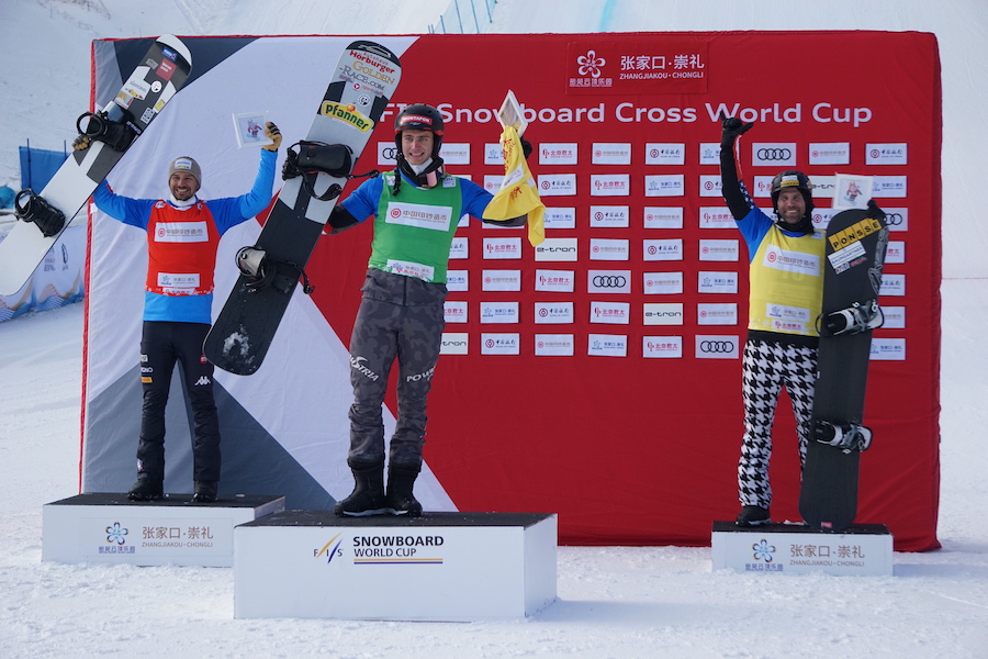 The men's snowboardcross podium.