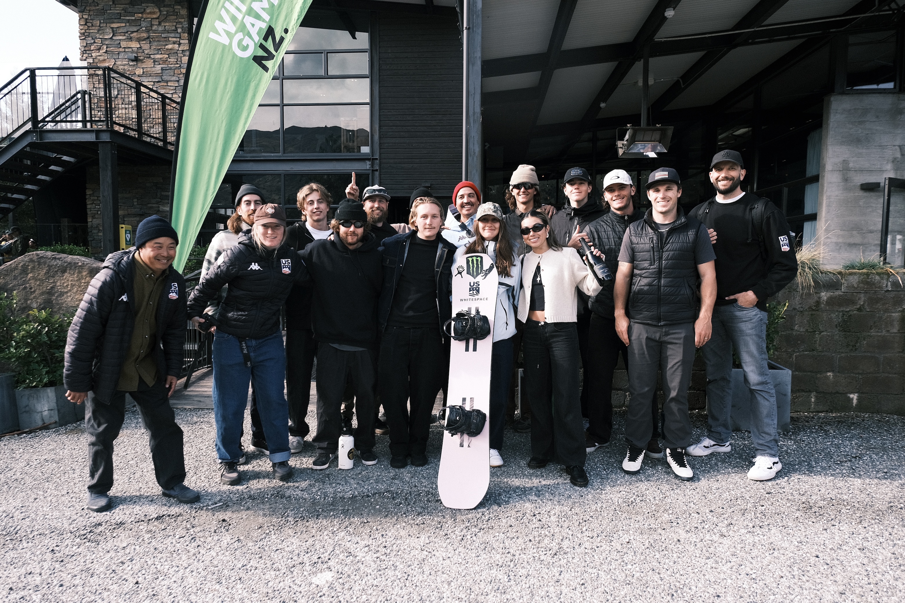 The Hydro Flask U.S. Snowboard Team celebrates Rebecca Flynn's podium in Cardrona.