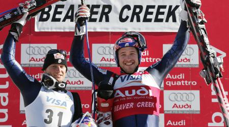 Bode Miller and Daron Rahlves celebrate their 1-2 finish in 2004 on Birds of Prey.