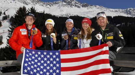 Bode Miller and teammates pose for a picture after the Sochi Olympic Games. 