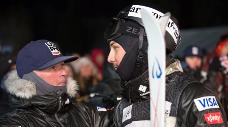 U.S. Moguls Team Head Coach Matt Gnoza with Casey Andringa at the 2018 FIS Visa Freestyle International Deer Valley