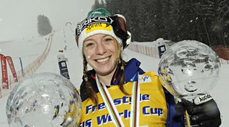 Hannah Kearney competes and takes the overall World Cup Freestyle Globe during the FIS Freestyle Ski World Cup Moguls on March 18, 2012 in Megeve, France. (Photo by Michel Cottin/Agence Zoom/Getty Images)
