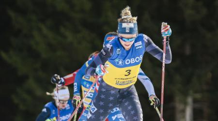 Jessie Diggins skiing in a skate race during the 2022-23 season
