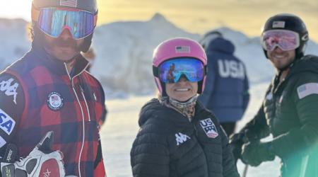 Patrick Halgren, Allie Johnson and Andrew Haraghey prior to the giant slalom event in Steinach am Brenner, Austria
