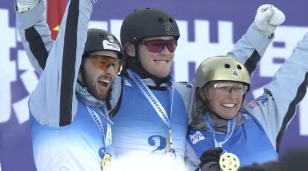 Winter Vinecki, Chris Lillis and Quinn Dehlinger atop the podium in the mixed aerials team event in Changchun, China. 