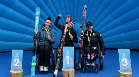 Laurie Stephens on the podium in Sella Nevea