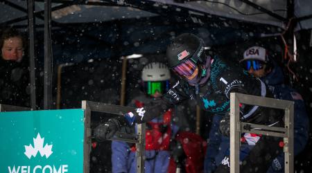 Brenna Huckaby in the start gate in Big White, Canada