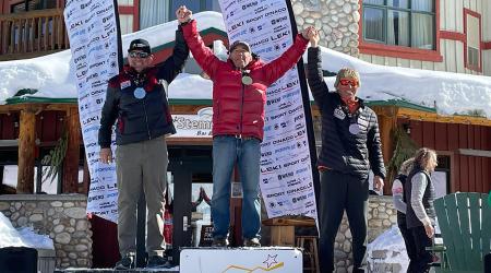 Richard Slabinski (1st) and Chris Maxwell (2nd) podium in 60-64yr Men's age classin the GS at the 2024 FIS World Criterium Masters Event at Kimberley Alpine Resort