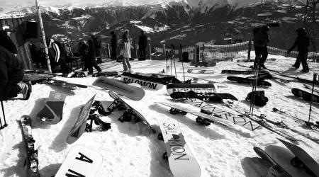 Athlete's snowboards in Laax.
