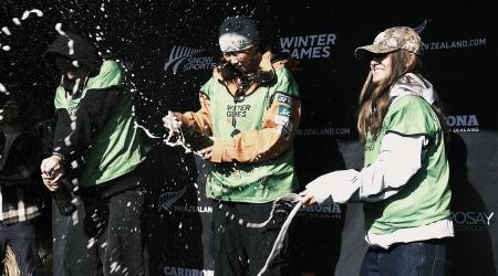 Rebecca Flynn celebrates a third place finish in Cardrona.