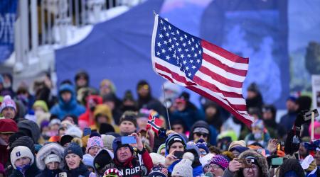 American flag waves in Killington World Cup crowd