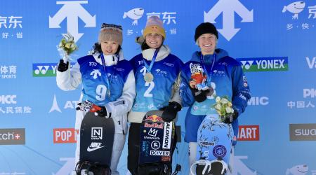 Maddie Mastro and Maddy Schaffrick on the podium in Secret Garden. (FIS Snowboard)