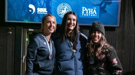 Brenna Huckaby and Kate Delson on the podium in Pyhä, Finland