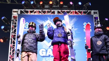 Tereza Korabova, Rell Harwood, Anni Karava during Womens Ski Knuckle Huck Final at 2025 X Games Aspen at Buttermilk in Aspen, CO. ©Tyler Schank/X Games