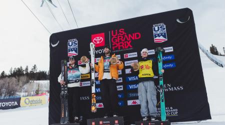 Alex Hall, Colby Stevenson and Birk Ruud on the men's slopestyle podium