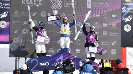 Jaelin Kauf stands on the top of the podium in Almaty