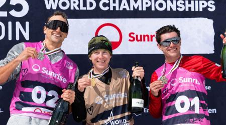 Goepper, Melville-Ives, and Ferreira on the Podium with champagne