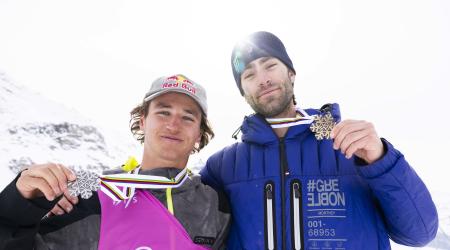 Mac Forehand and Alex Hall showing off their 2025 FIS Ski Freestyle World Championship Medals